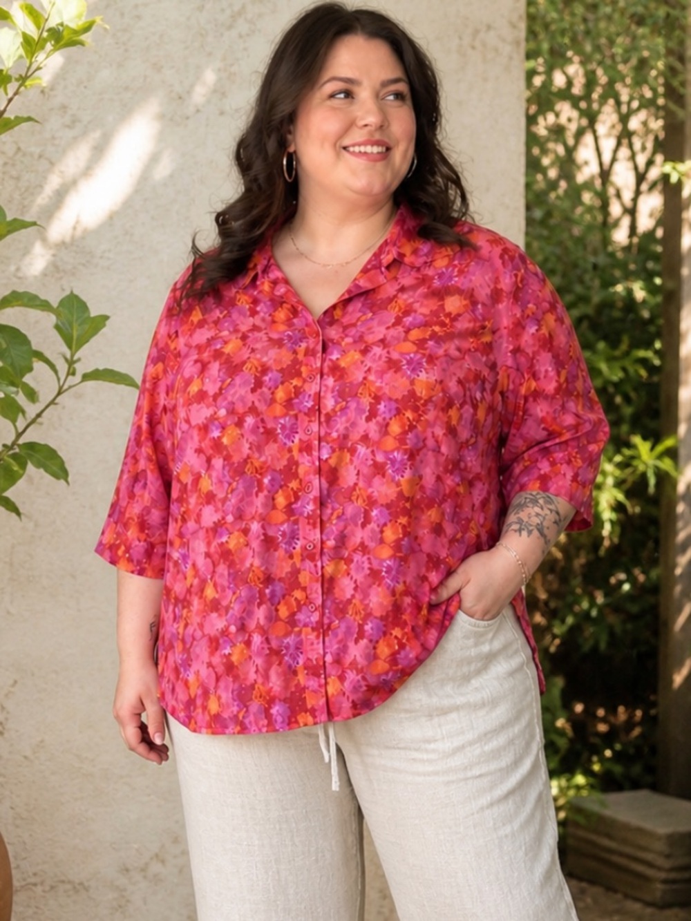 Coldwater Creek Floral Silk Blend Blouse 3X Red Pink Boho Indie Cottage 3/4